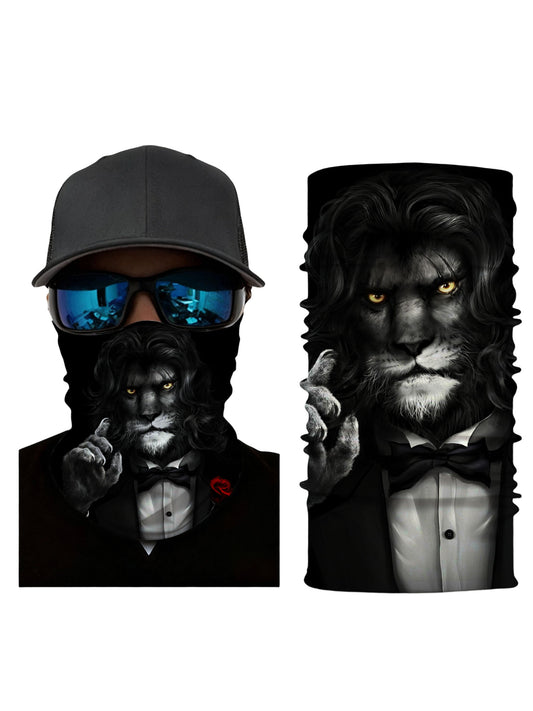 Balaclava with 3D all over print featuring anthropomorphic lion in tuxedo, streetwear aesthetic, unisex breathable fabric for urban fashion and cosplay