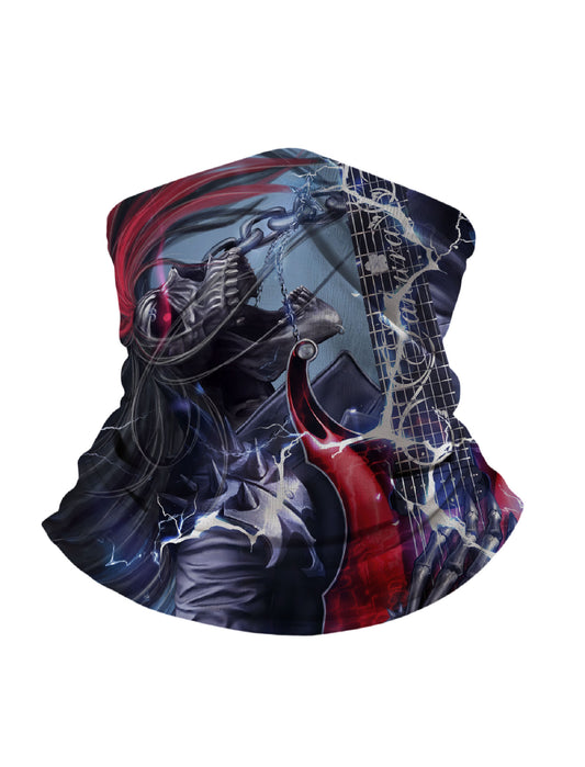 Tube Face Mask with 3D all over print graffiti skull and electric guitar design, Streetwear style unisex neck gaiter, breathable fabric, windproof and durable print