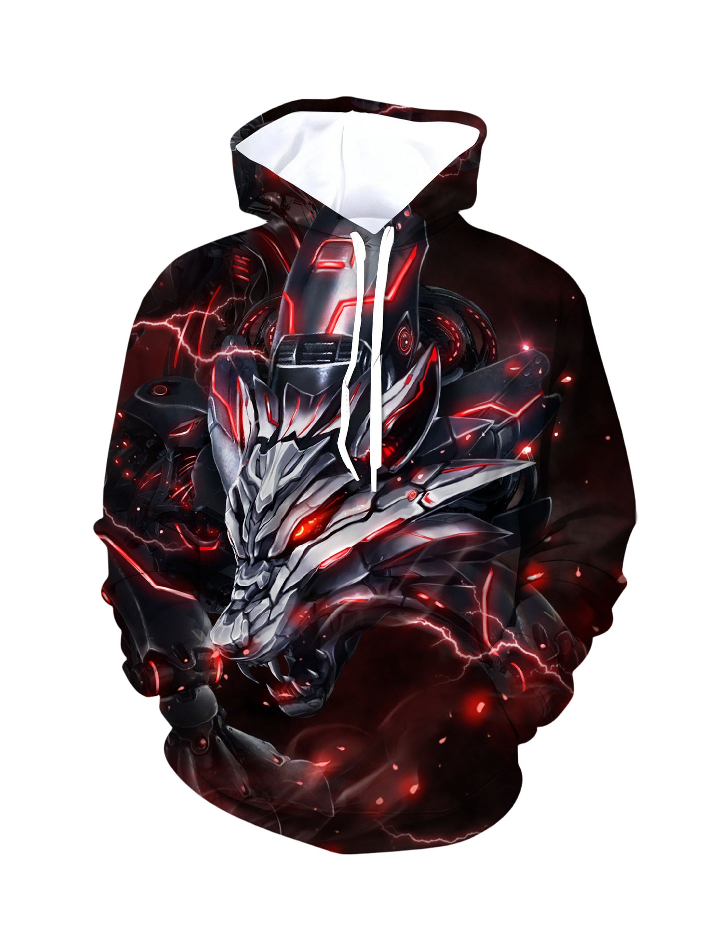 3D Cyber Wolf with Neon Red Lightning All Over Print Design Hoodie For Men Women