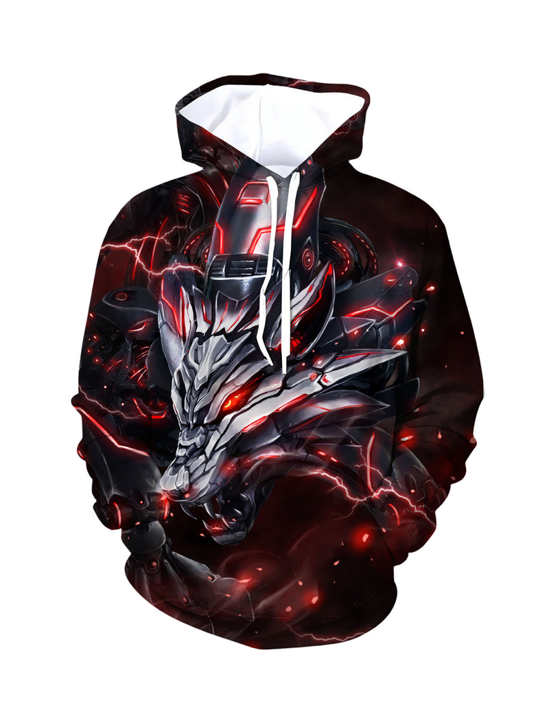 3D Cyber Wolf with Neon Red Lightning All Over Print Design Hoodie For Men Women