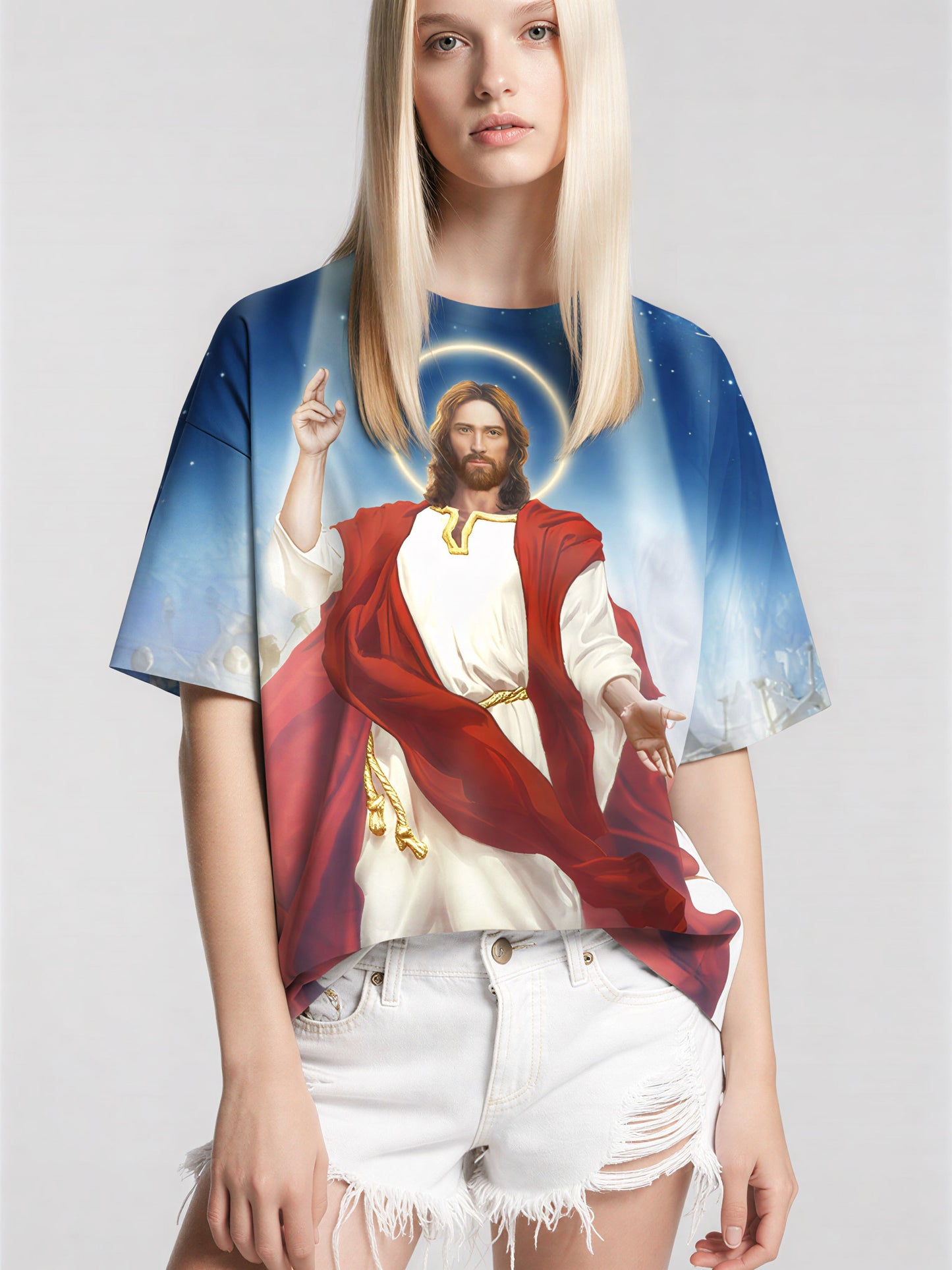 Jesus Christ 3D All Over Print T-Shirt for Men Women, Religious Halo Design Unisex Streetwear