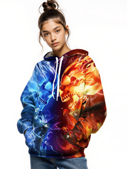 Hoodie 3D All Over Print Fire Ice Skull Streetwear Unisex Cotton Blend