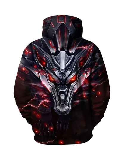 Men Women 3D All Over Print Dragon Hoodie with Red Lightning Glow Design