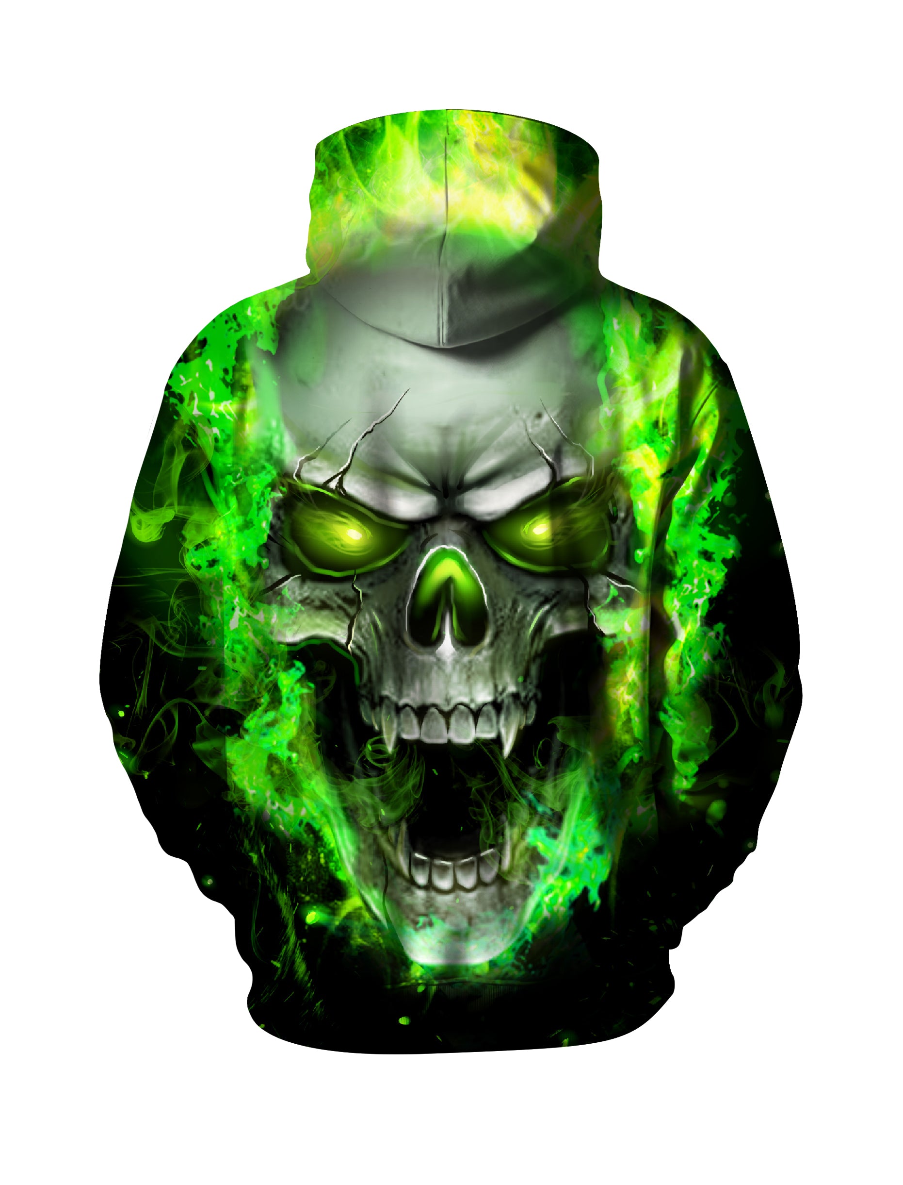 Men Women 3D All Over Print Skull Green Flame Hoodie Pullover Sweatshirt