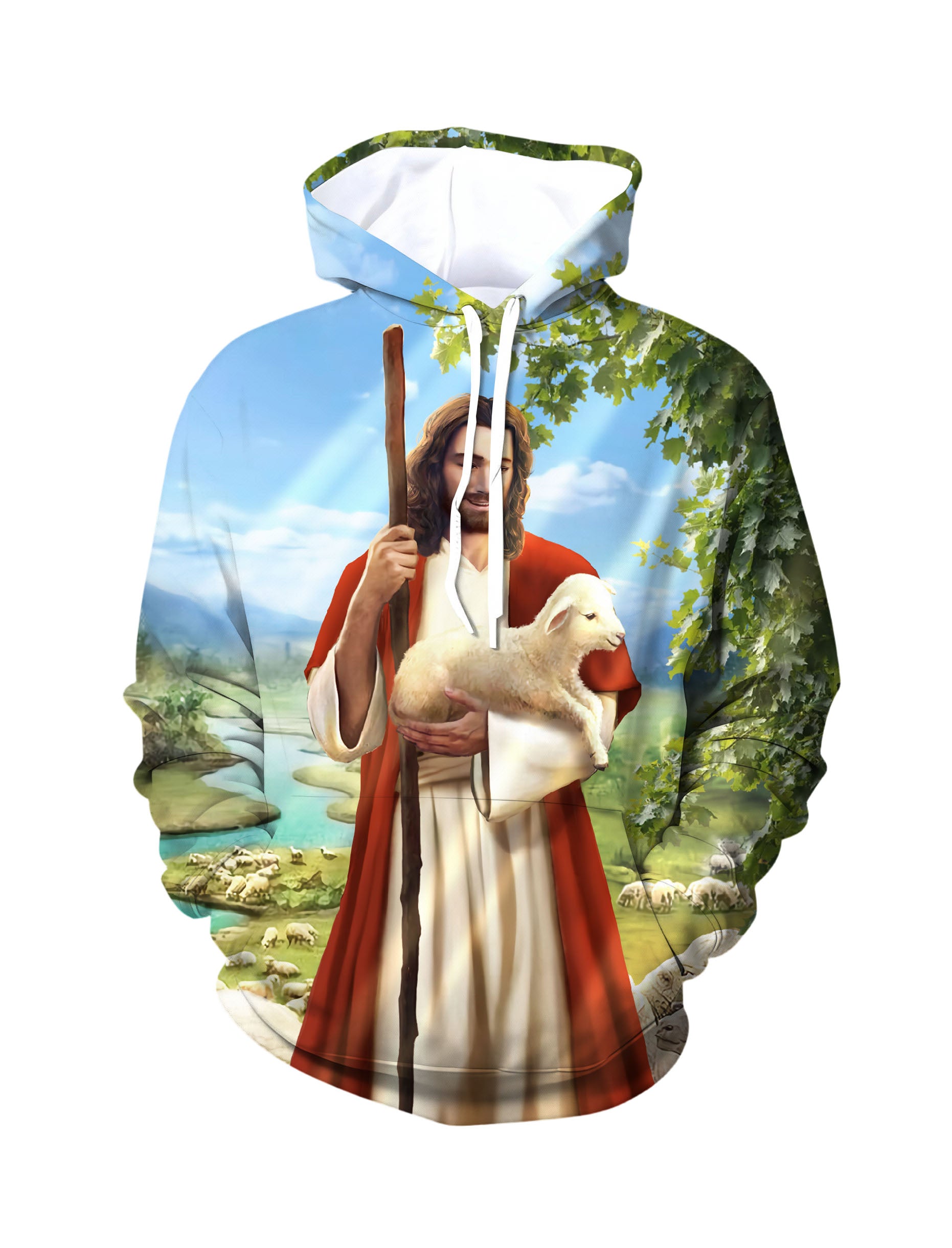Jesus Christ 3D All Over Print Hoodie for Men Women with Lamb and Nature Scene