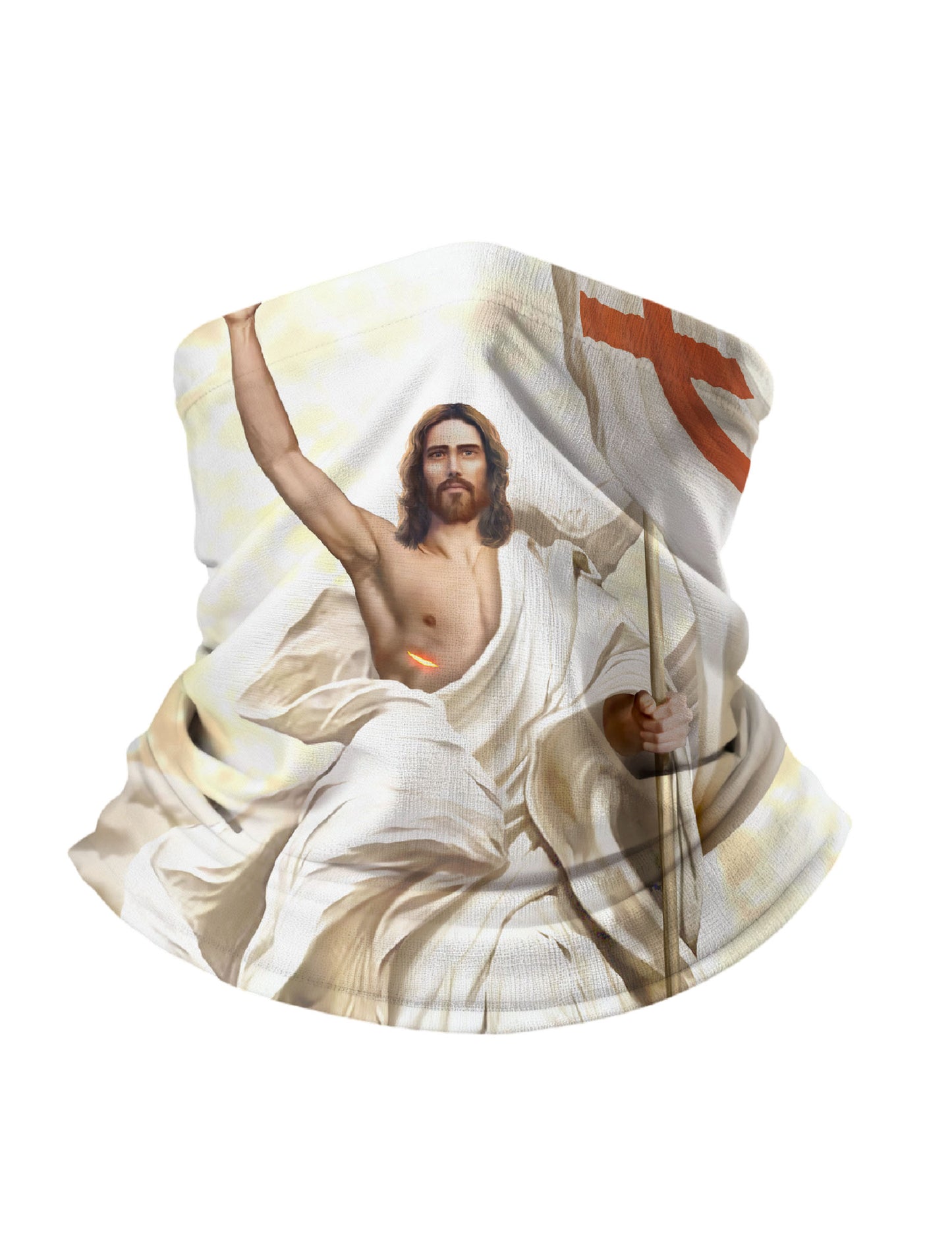Neck Gaiter with 3D all over print featuring majestic Jesus Christ holding cross and radiant light, vintage religious art style, unisex breathable fabric for outdoor use