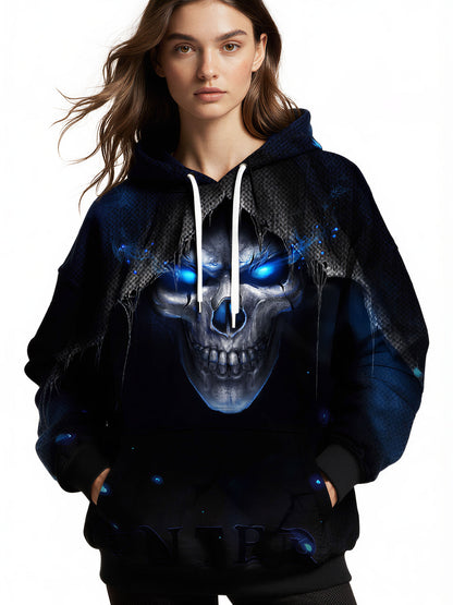 Men Women 3D All Over Print Skull Hoodie with Glowing Blue Eyes and Dark Hood Design