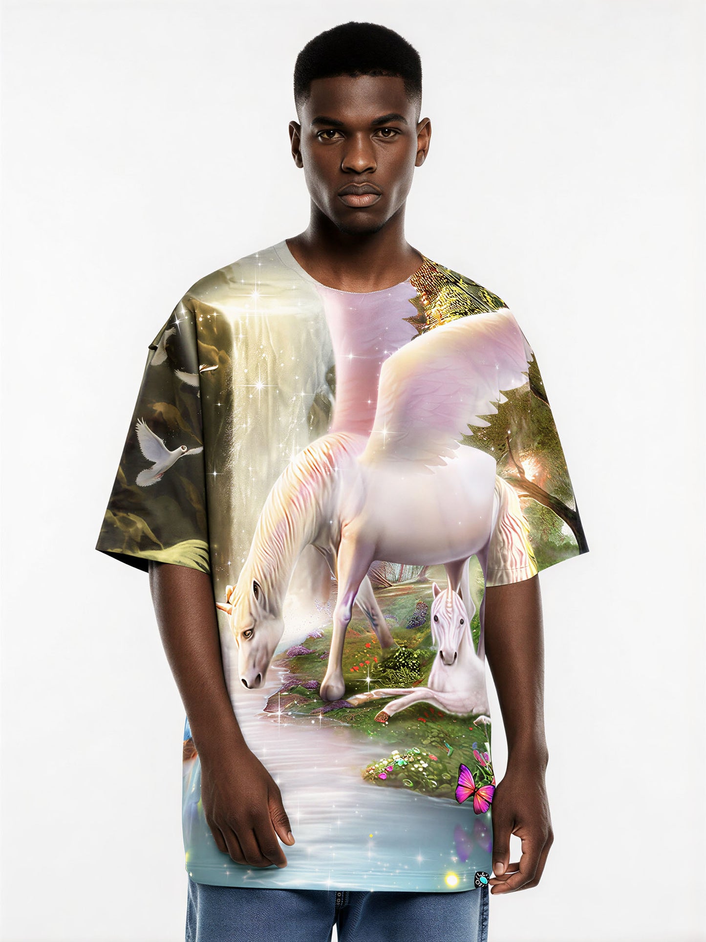 3D All Over Print Unicorn T-Shirt for Men Women Fantasy Forest Winged Horse Design