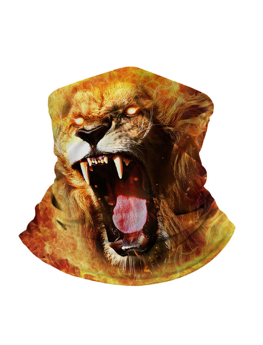Tube Face Mask with 3D all over print roaring lion in fire flames, Streetwear unisex neck gaiter, soft stretchy breathable fabric for outdoor sports