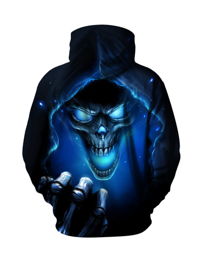 Men Women 3D All Over Print Skull Hoodie Glow Blue Ghostly Hooded Sweatshirt