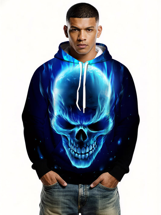 3D All Over Print Blue Fire Skull Hoodie for Men Women Streetwear Graphic Pullover