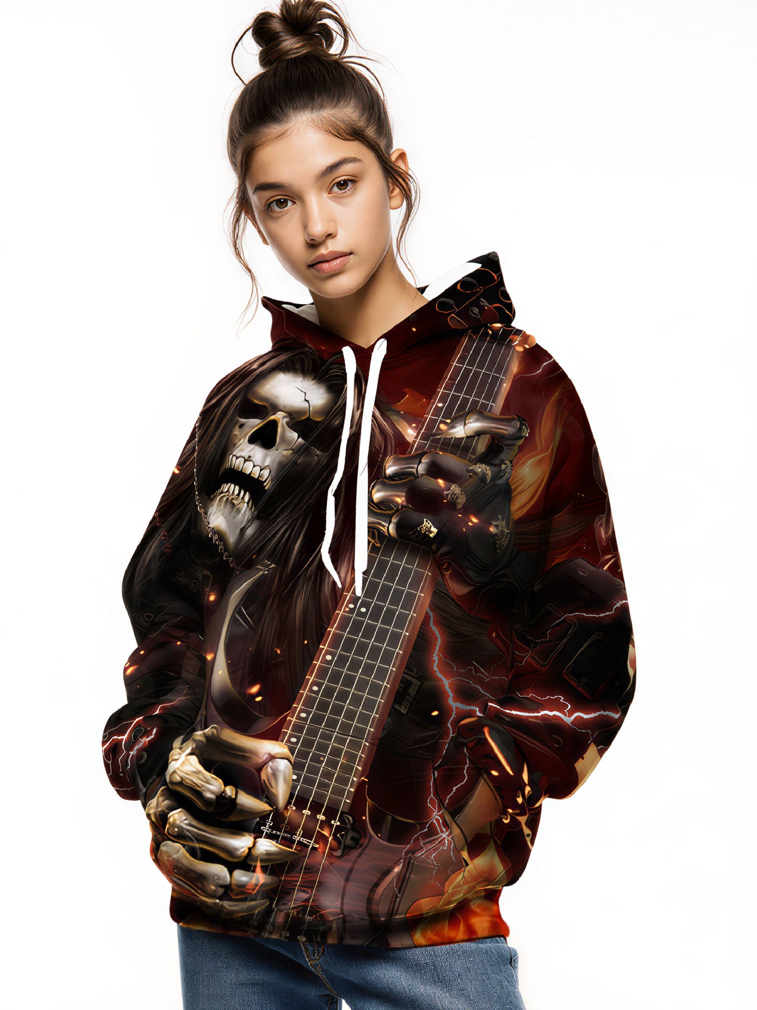 Hoodie 3D All Over Print Skull Guitar Rock Streetwear Unisex Cotton Blend
