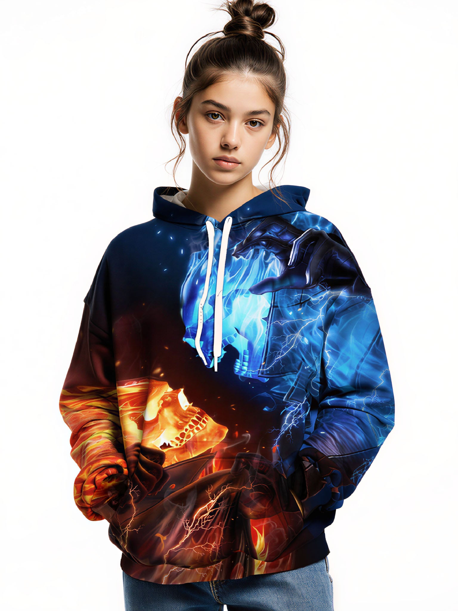 Hoodie 3D All Over Print Fire Ice Skull Glow Streetwear Unisex Soft Comfortable