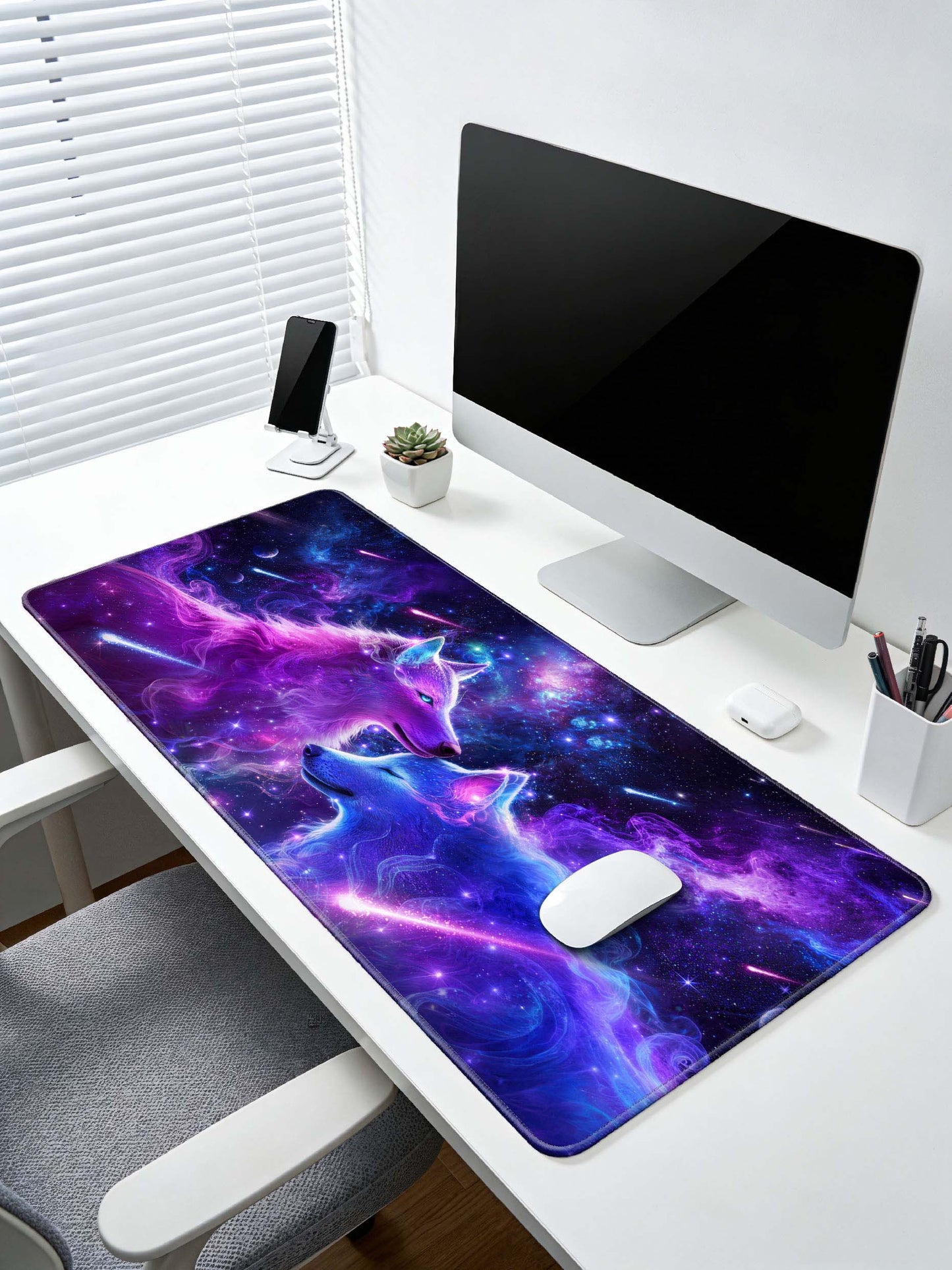 Two Cuddling Cosmic Wolves With Shooting Stars & Nebula Desk Mat