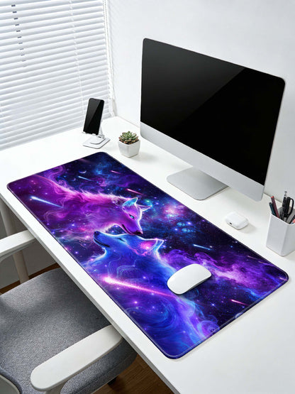 Two Cuddling Cosmic Wolves With Shooting Stars & Nebula Desk Mat