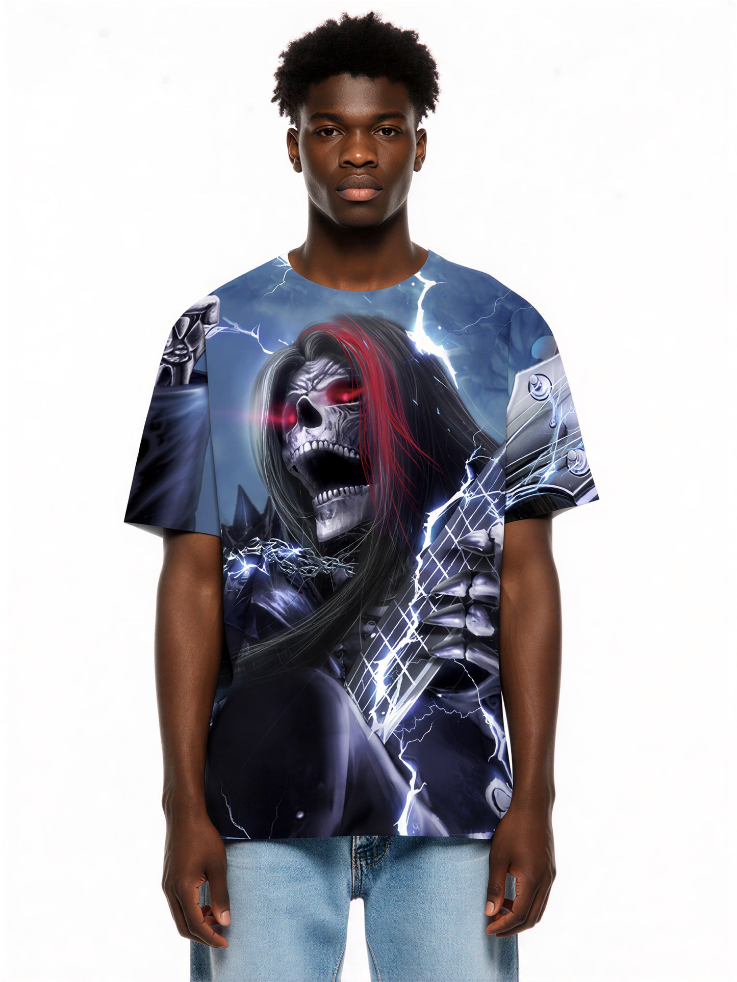 Men Women 3D Guitar Skull All Over Print T-Shirt with Lightning Rock Design