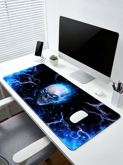 Blue Flame Skull Close-Up With Glowing Eyes & Lightning Desk Mat