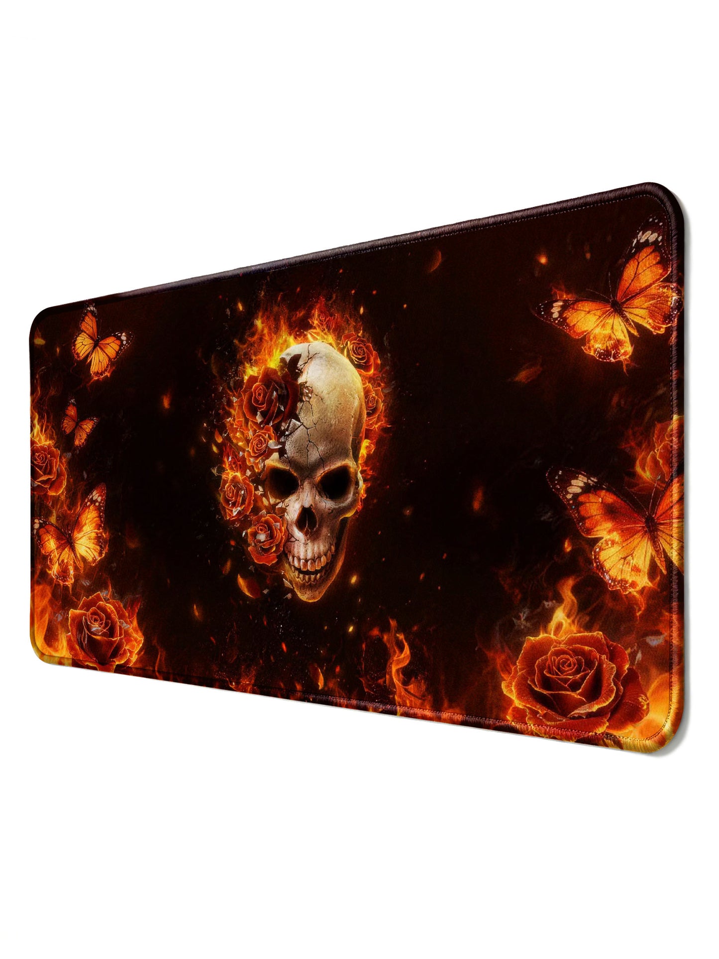 Skull With Flaming Roses And Butterflies Extended Desk Mat