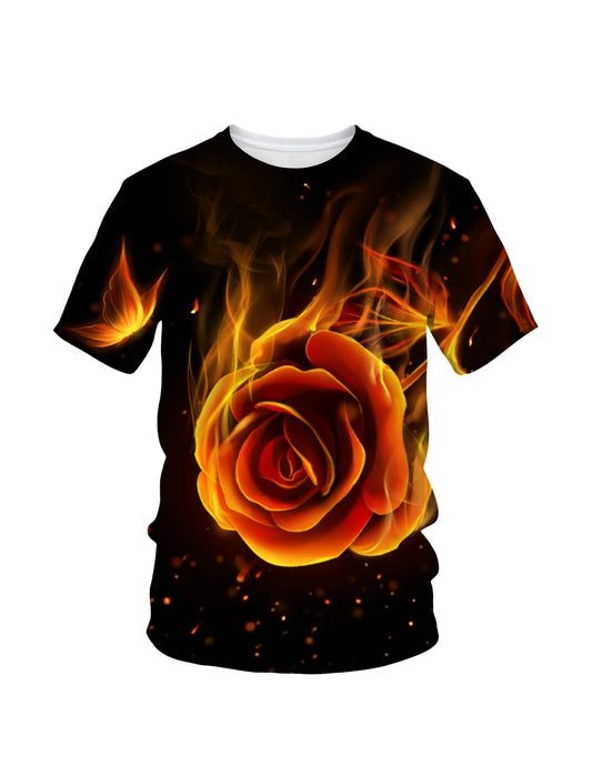 3D Bold Flaming Rose All Over Print T-Shirt for Men Women Graphic Streetwear Top
