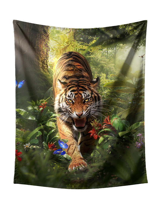 Majestic Tiger Stalking Forward In Lush Tropical Jungle Tapestry - Exotic Wildlife Wall Hanging with Butterflies and Flowers for Nature Home Decor
