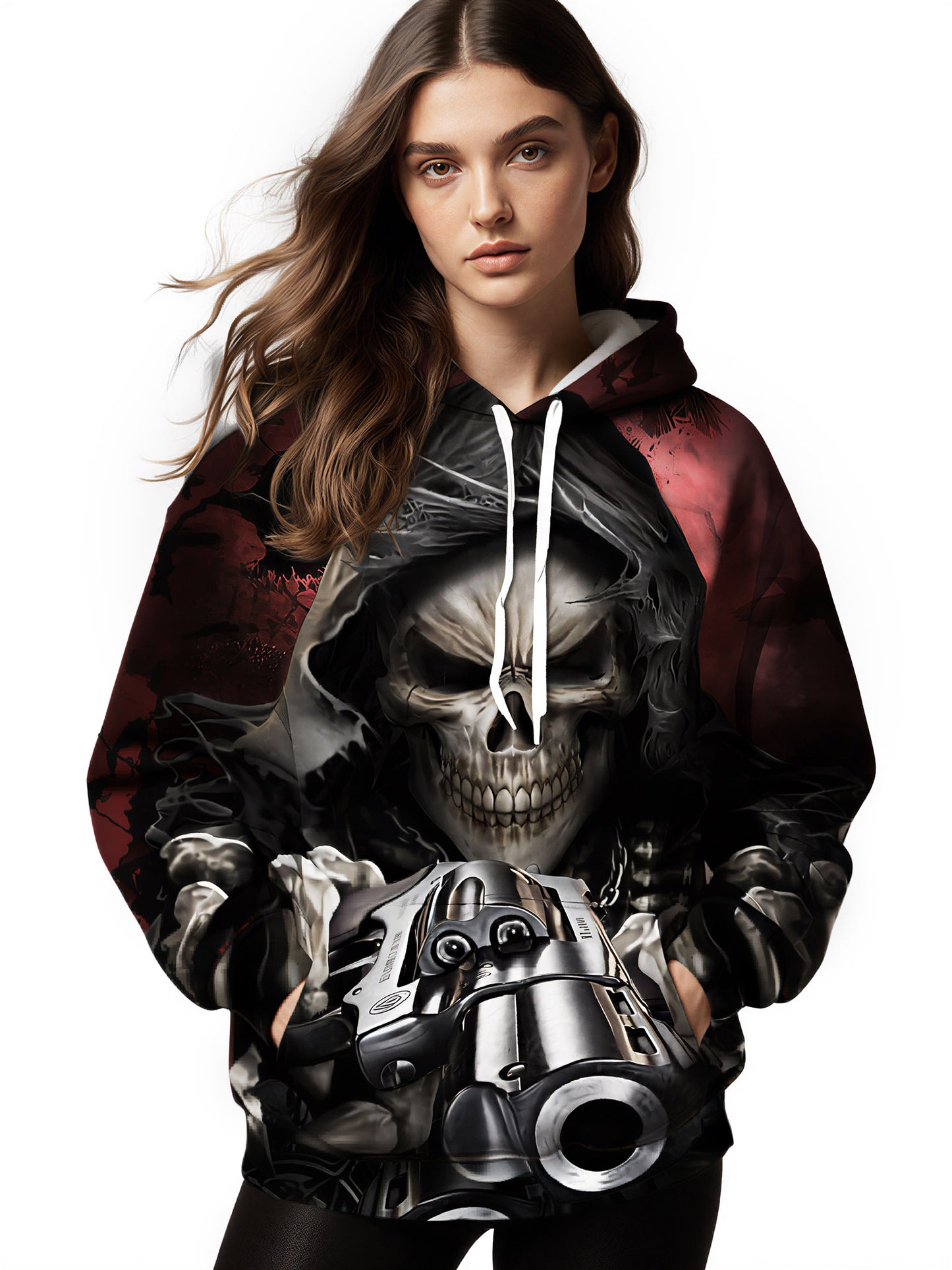 Edgy Grim Reaper Skull Revolver All Over Print Streetwear Hoodie