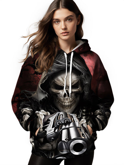 Edgy Grim Reaper Skull Revolver All Over Print Streetwear Hoodie