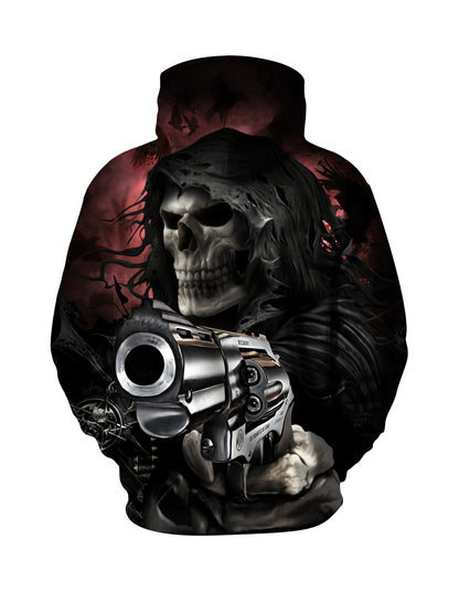 Double Guns Skull 3D All Over Print Hoodie Gothic Dark Aesthetic Streetwear for Men Women