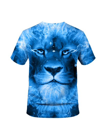 3D All Over Print Lion T-Shirt for Men Women Blue Flame Art Style