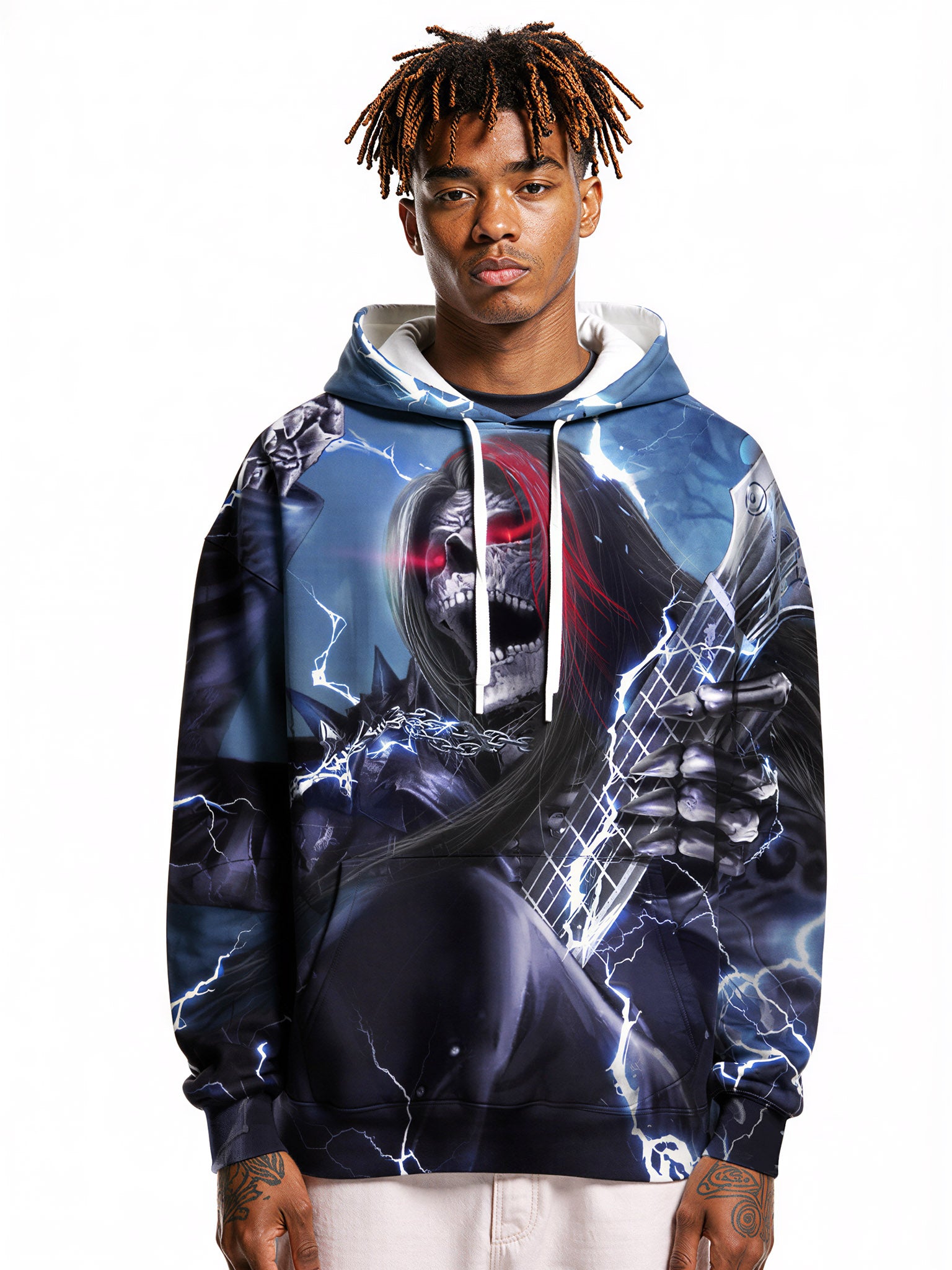 Skeleton Guitarist Hoodie with Lightning and Red Hair Design Men Women 3D All Over Print