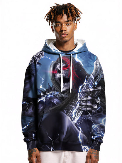 Skeleton Guitarist Hoodie with Lightning and Red Hair Design Men Women 3D All Over Print