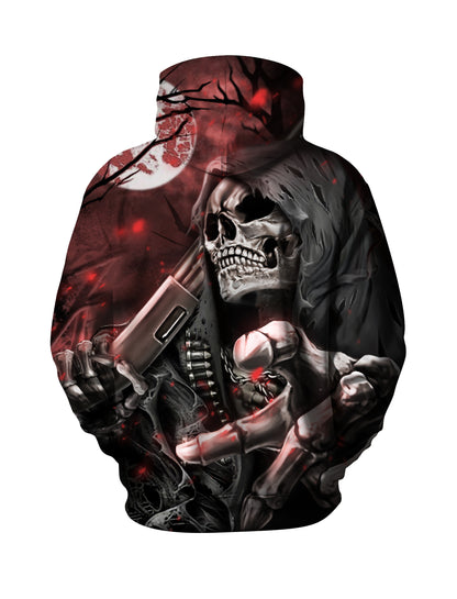 3D Blood-Red Moon Double Guns Skull All Over Print Hoodie Gothic Dark Aesthetic Streetwear for Men Women