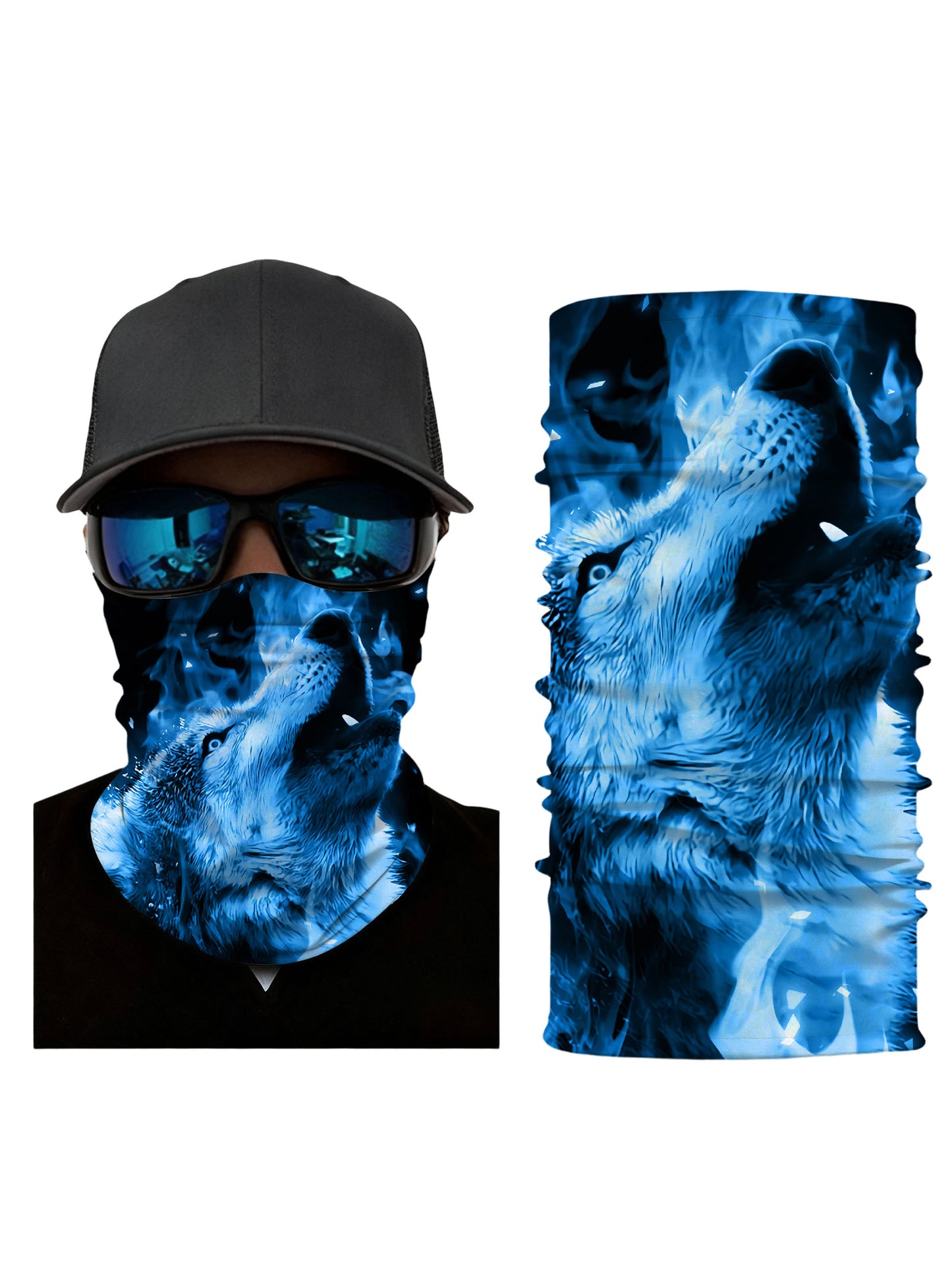 Tube Face Mask with 3D all over print icy wolf howling in blue flame aesthetic unisex breathable soft stretchy windproof for streetwear lovers