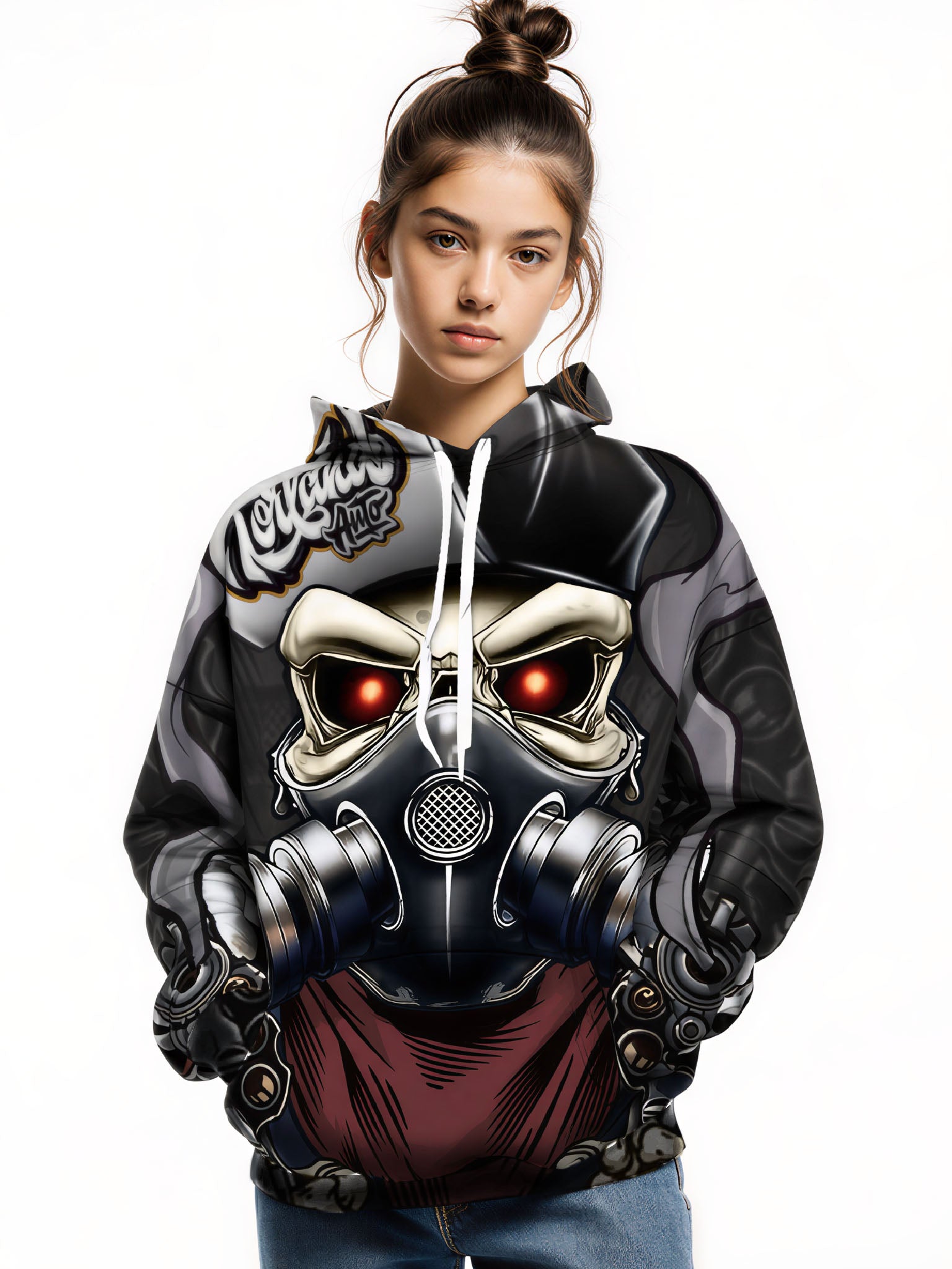 Unisex 3D All Over Print Hoodie with Graffiti Skull Gas Mask Design Streetwear Style