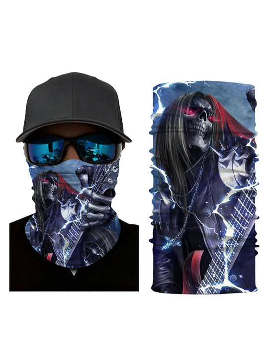Balaclava with 3D all over print featuring electric skull guitarist, graffiti-inspired dark fantasy art, Streetwear style unisex face cover, breathable fabric, windproof and durable print