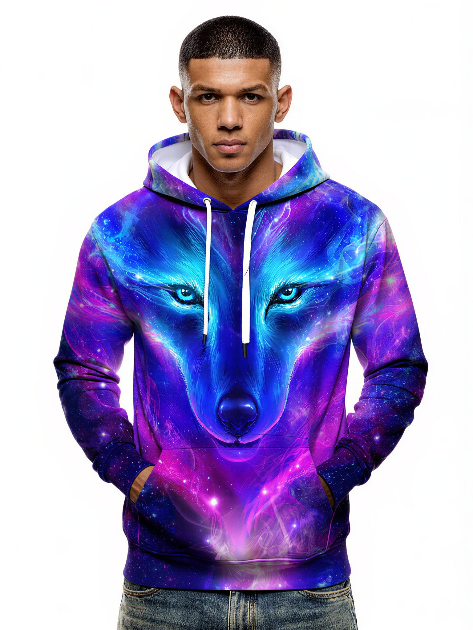 Trendy Galaxy Wolf 3D Print Hoodie for Men & Women, Cosmic Space Graphic Pullover Sweatshirt