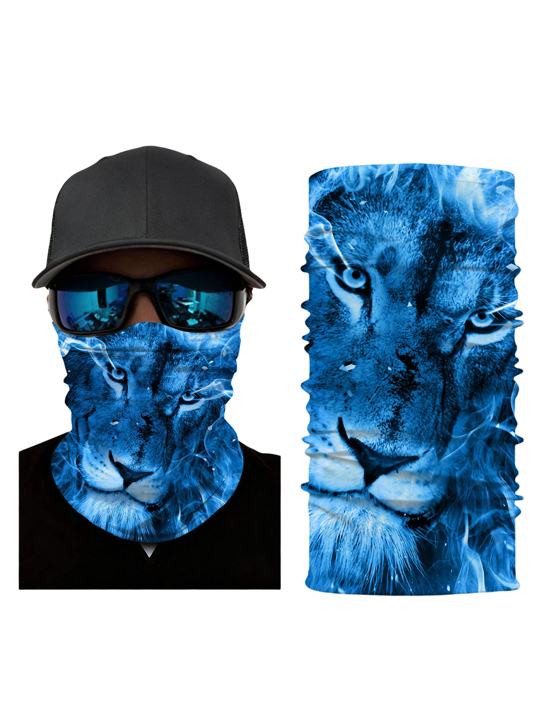 Tube Face Mask with 3D All Over Print Featuring Blue Ice Lion Head, Aesthetic Streetwear Design for Unisex, Soft Stretchy and Windproof