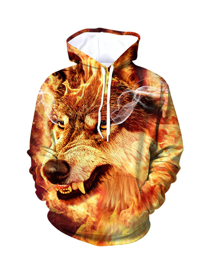 Trendy Flame Wolf Graphic Hoodie Unisex Oversized Casual Pullover