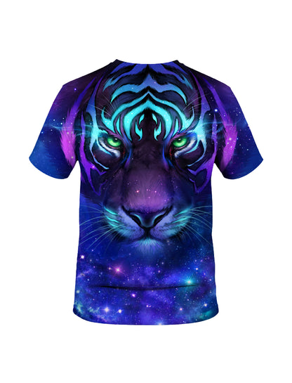 3D All Over Print Galaxy Tiger T-Shirt for Men Women, Cosmic Space Design, Vibrant Blue Purple Neon Style