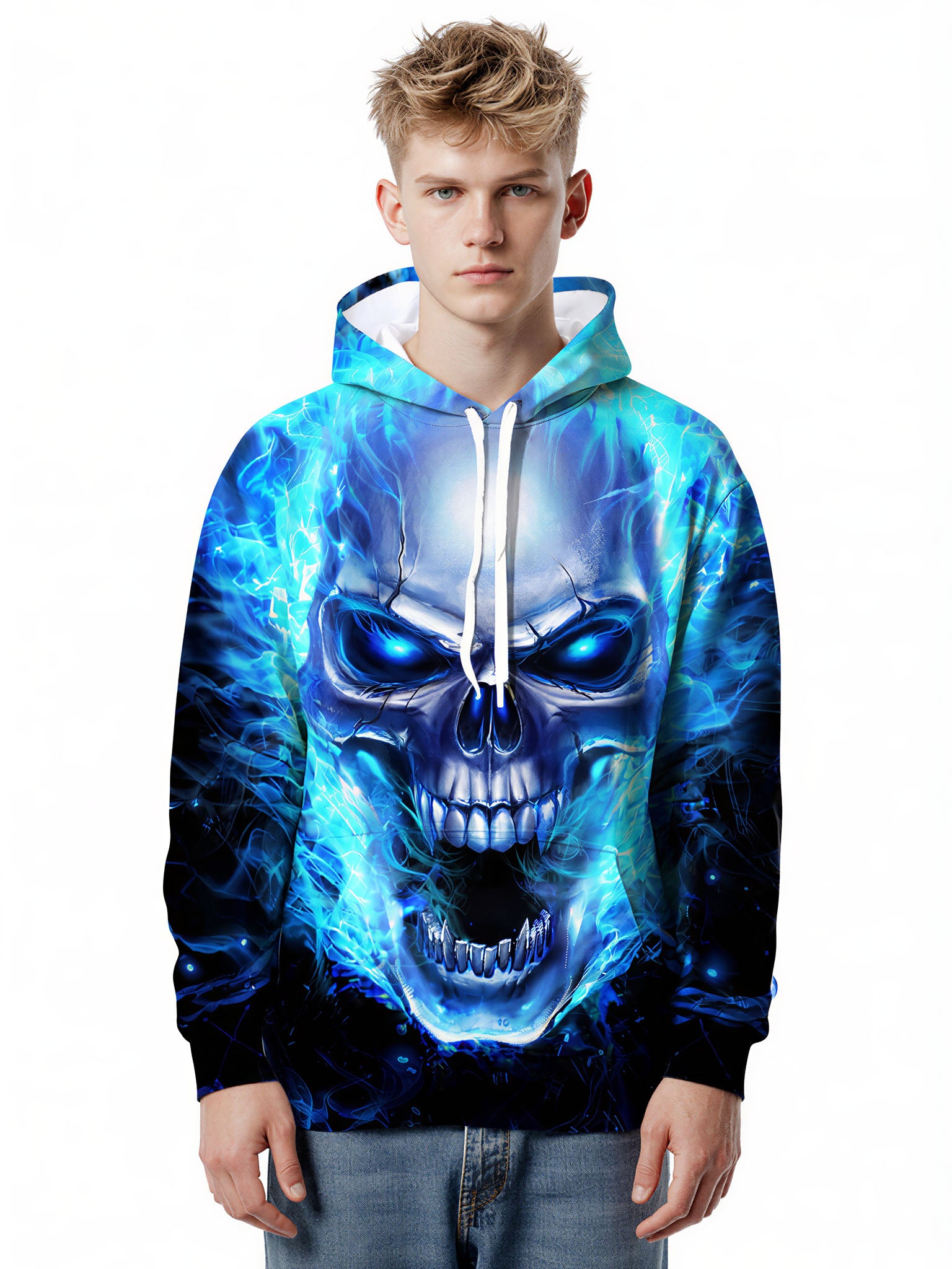 3D All Over Print Blue Fire Skull Hoodie for Men Women Streetwear Graphic Pullover