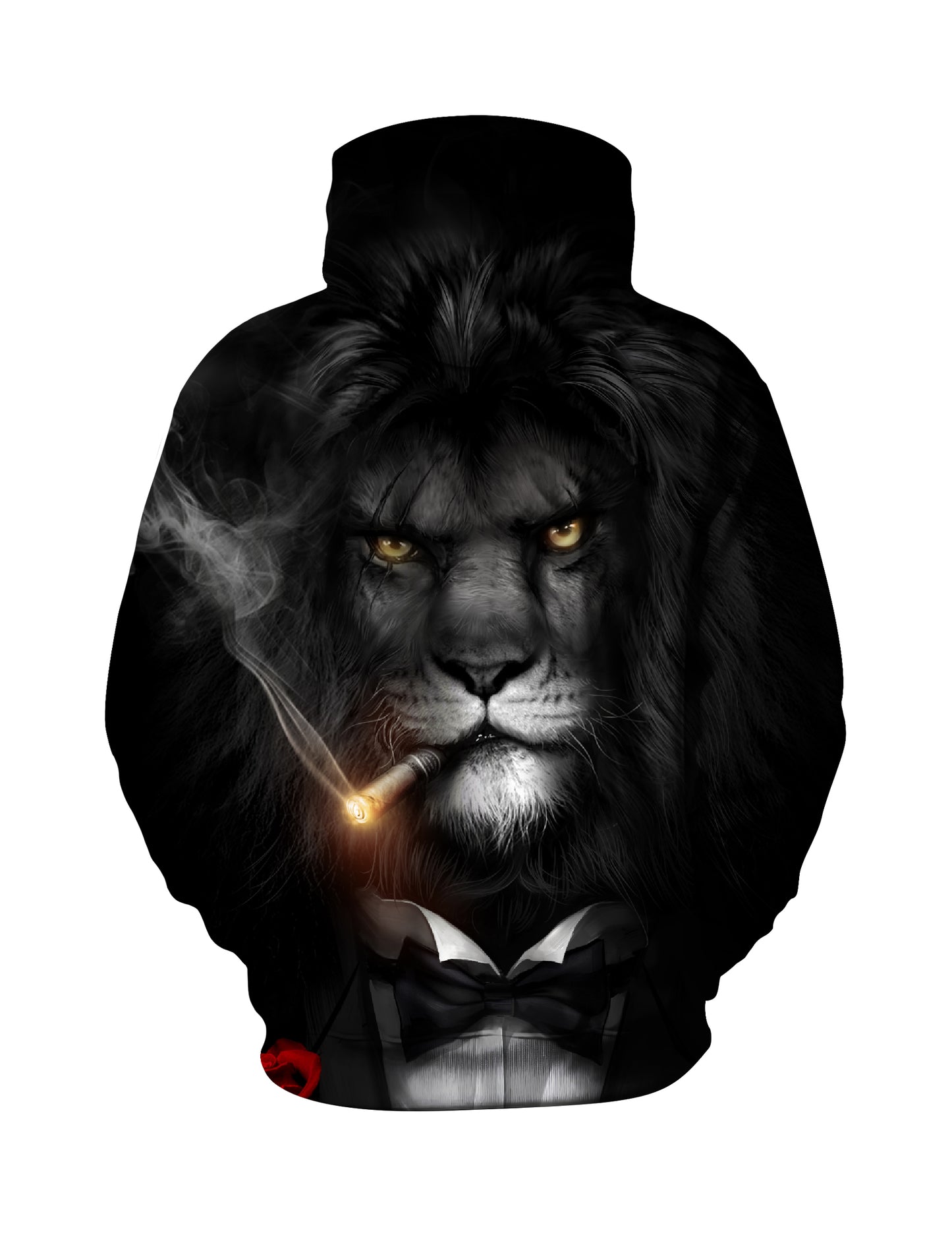 Men Women 3D All Over Print Lion Smoking Hoodie with Bow Tie and Rose Design