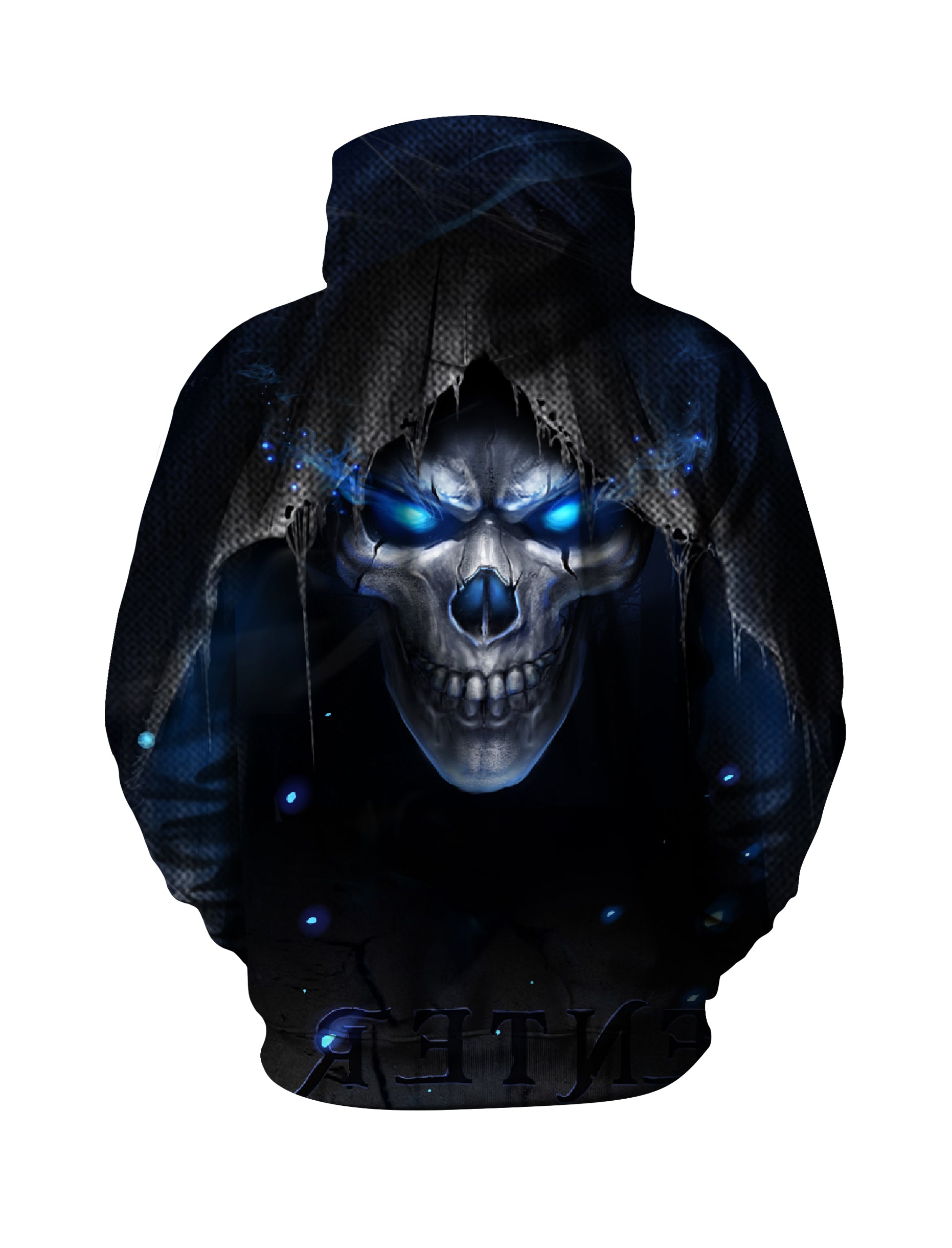 Men Women 3D All Over Print Skull Hoodie with Glowing Blue Eyes and Dark Hood Design