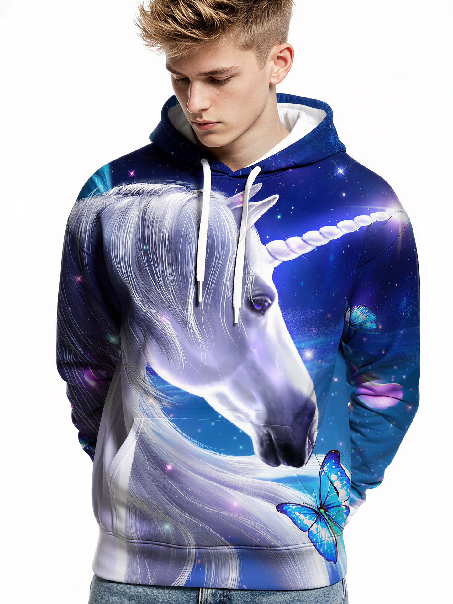 Unicorn 3D All Over Print Hoodie for Men Women, Galaxy Butterflies Fantasy Hooded Sweatshirt