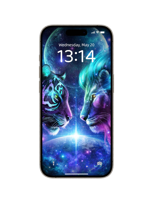 Cosmic Tiger & Lion Duality Phone Wallpaper