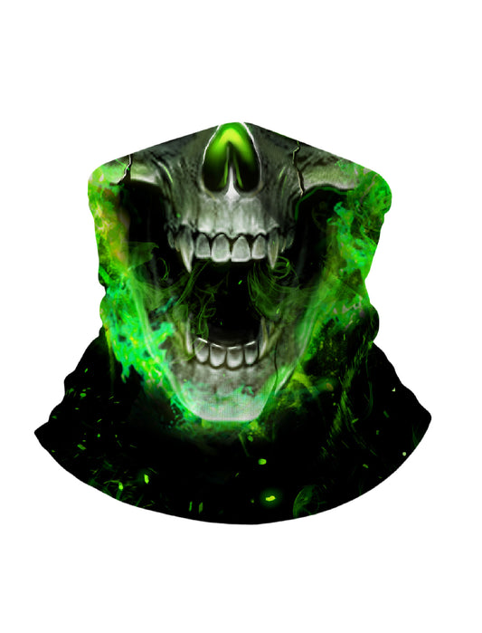 Tube Face Mask with 3D All Over Print Graffiti Skull Design in Neon Green Smoke Effect, Streetwear Style Unisex Neck Gaiter Breathable and Windproof