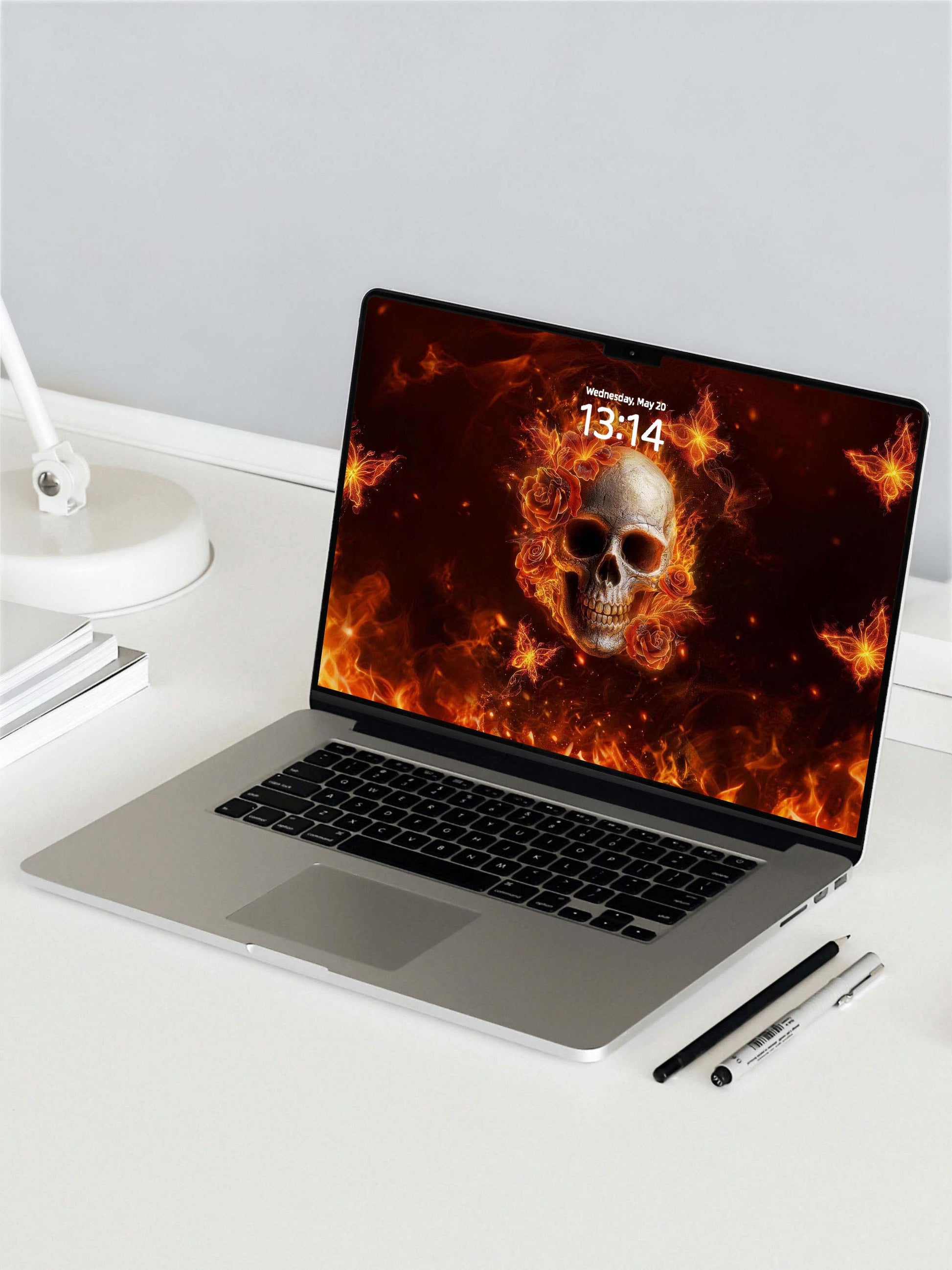 Fire Butterfly Floral Skull Digital Wallpaper