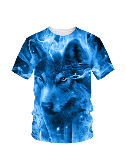 3D All Over Print Blue Wolf T-Shirt for Men Women, Fiery Ice Graphic Streetwear Top