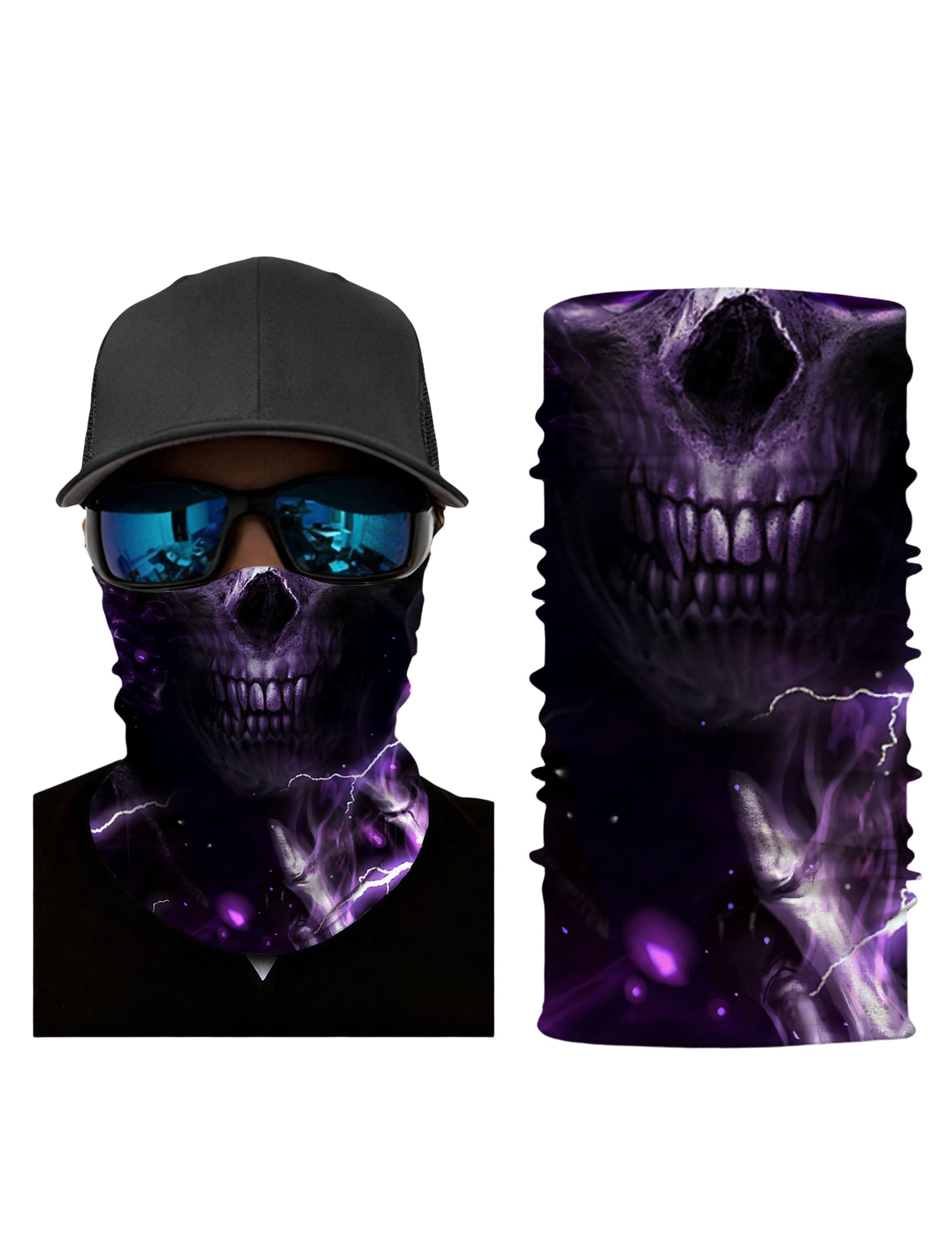 Tube Face Mask with 3D all over print graffiti skull design in dark purple lightning storm aesthetic for unisex streetwear fans, breathable fabric and windproof protection