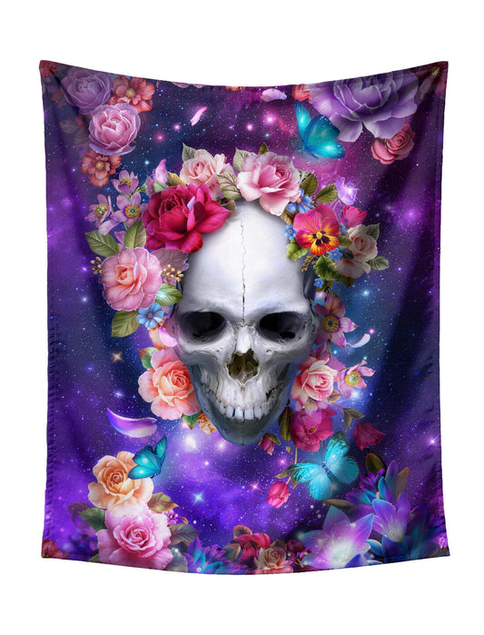Skull Framed by Multicolored Flowers & Butterflies on Cosmic Galaxy Tapestry - Mystical Dark Fantasy Wall Hanging for Bold Home Decor