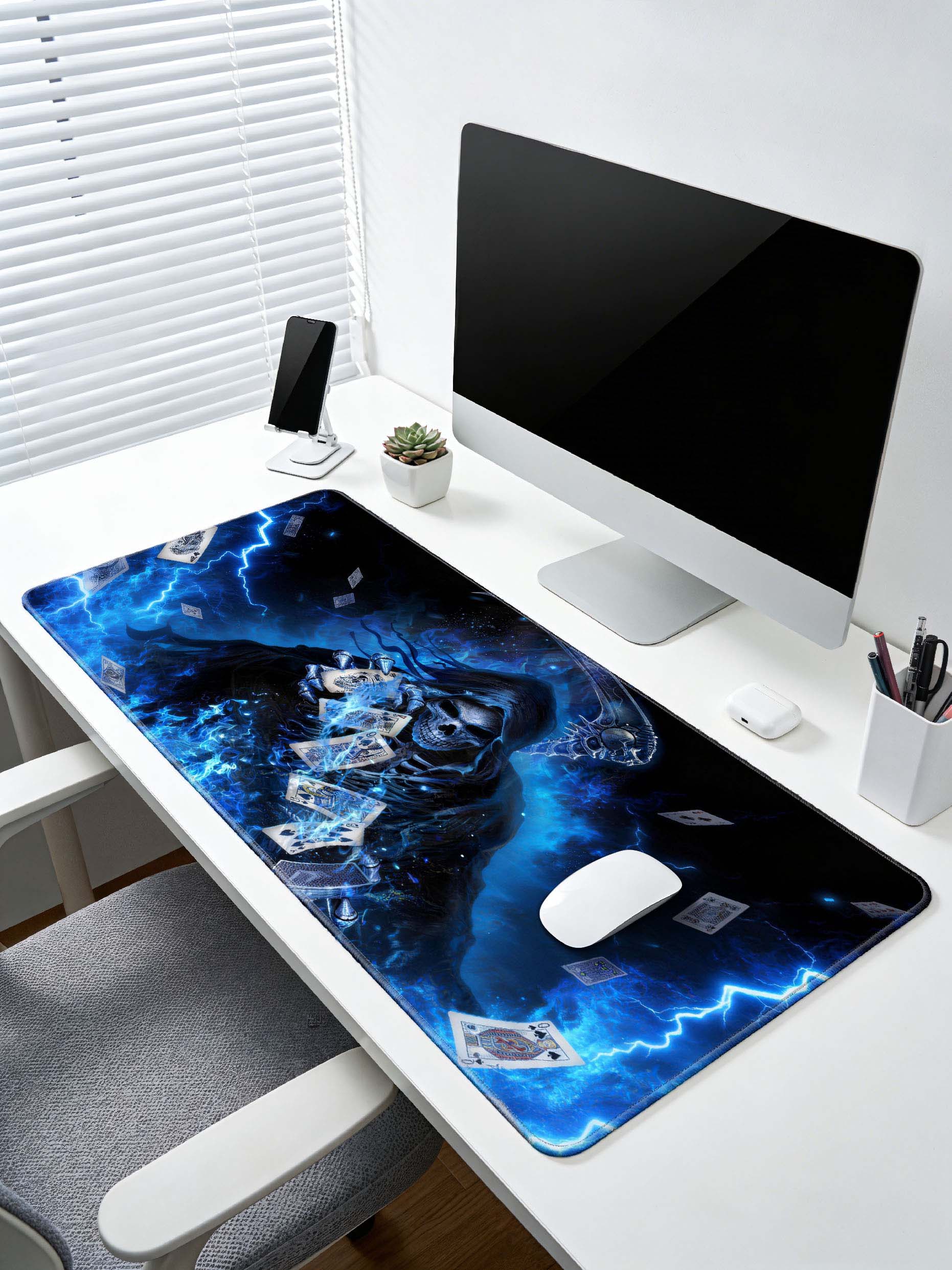 Grim Reaper With Scythe & Flying Cards In Blue Flames Desk Mat