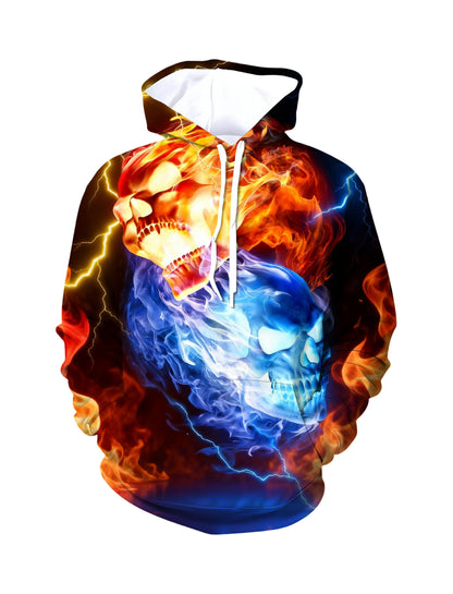 Fire & Ice Dual Skull 3D Print Hoodie | Lightning Graphic Pullover